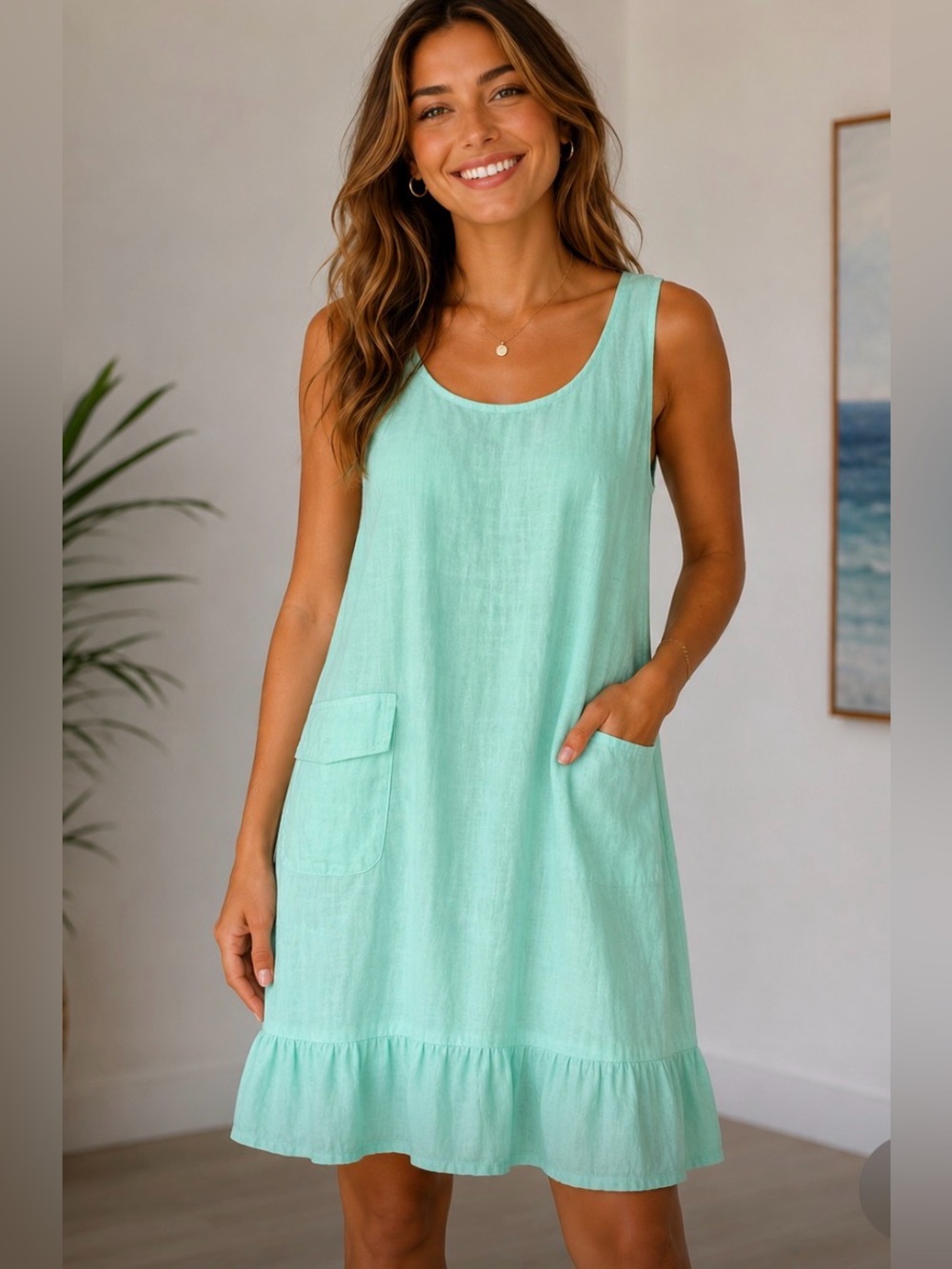 Like New Mint Me & Gee Made in Italy Linen Dress scoop Neck Stretch Pane…